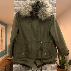 Military green Zara jacket w/ faux fur hood & gold